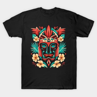 A graphic inspired by Polynesian tiki culture, featuring tiki masks, hibiscus flowers, and tropical motifs. T-Shirt